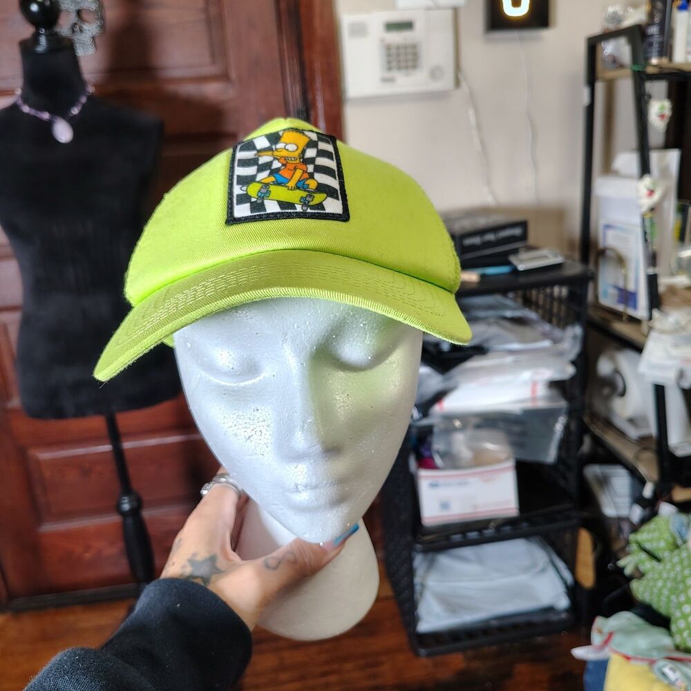 VTG Bart Simpson Skateboarding Neon Green Hat Fox Snap Back Mesh Trucker Style